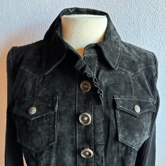 Black Suede & Knit Jacket Snap Closure Pockets Ruffle Front Size M - Picture 2 of 11